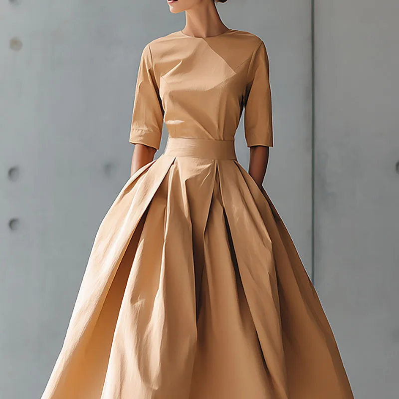 Robe longue de soirée à col rond pour femme, tenue décontractée, couleur unie, taille haute, poches plissées, manches 2026, style Boho, Maxi, nouvelle collection automne 3/4