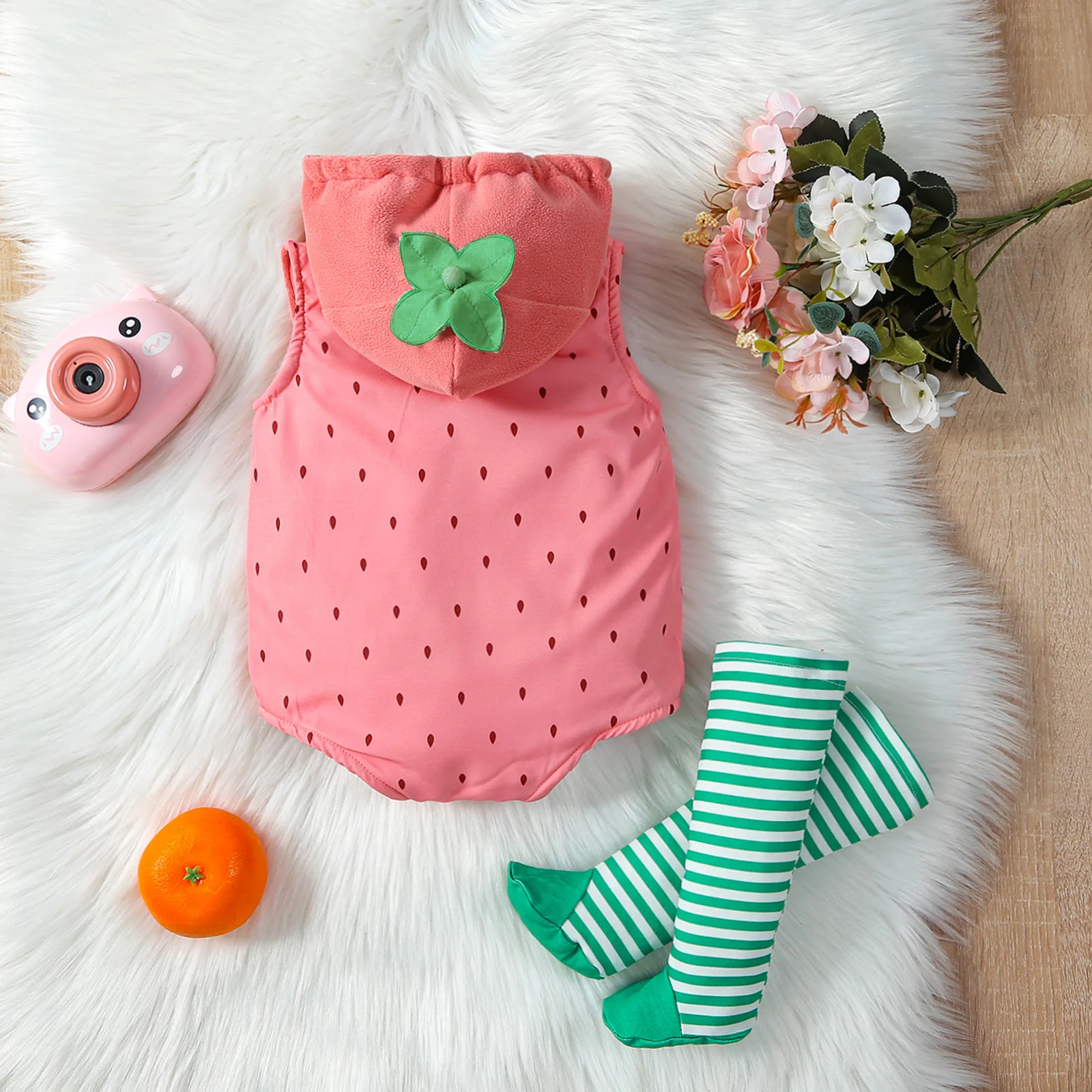 Umorden 0-18M Baby Girls Strawberry Costume Hoodie Romper Bodysuit Stockings 2pcs/set Sleeveless Halloween Purim Fancy Dress