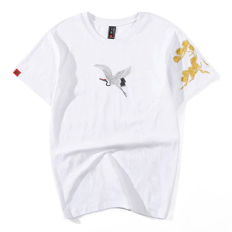 Lyprerazy Embroidery Red-crowned crane Hip hop T shirt Short Sleeve Cotton T-shirt Harajuku Streetwear Chinese Tee Tops