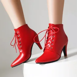 Shoes  Women's Leather Boots Boots-Women Winter Footwear Lace Up Red 2024 Ankle Autumn High Heel Pointy White Med Ladies Rubber