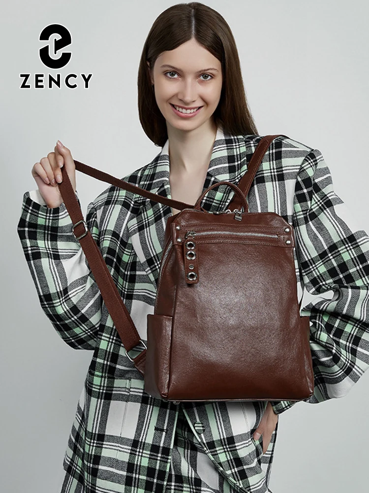 Zency 2025 Large Capacity Women's Business Travel Bag Vintage Rucksack Vegetable Tanned Cowhide Leather Top Layer Designer Bag