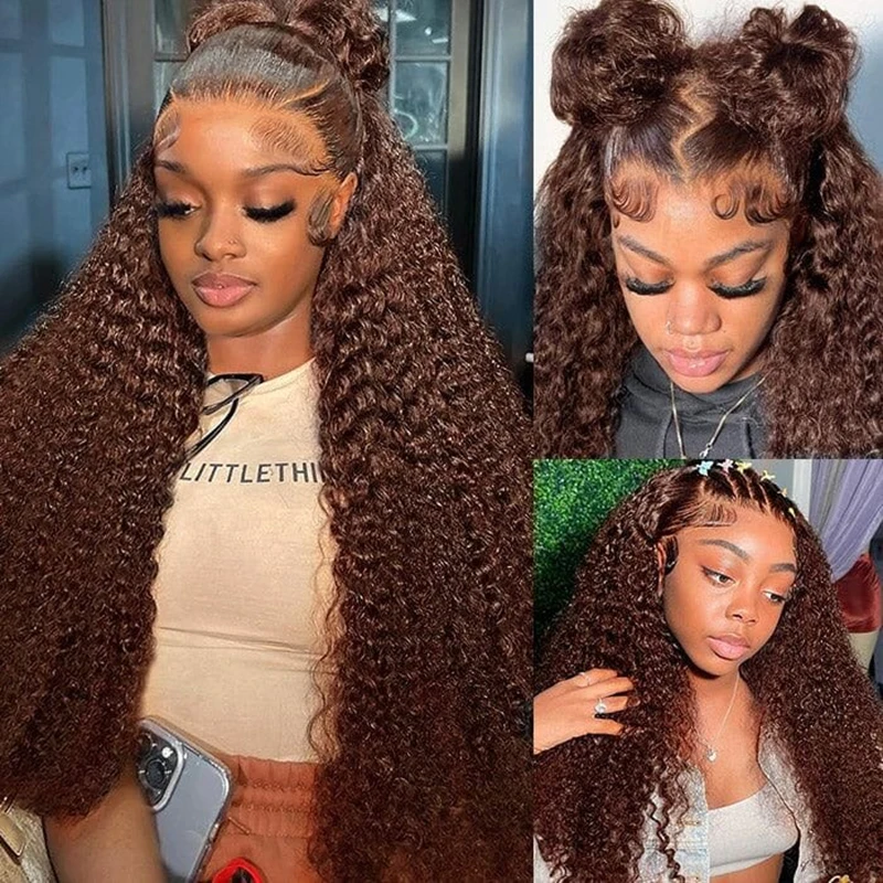 #4 13x4 Chocolate Brown Deep Wave Lace Frontal Wigs Human Hair Bleached Knots Water Wave Lace Front Human Hair Wig 250 Density