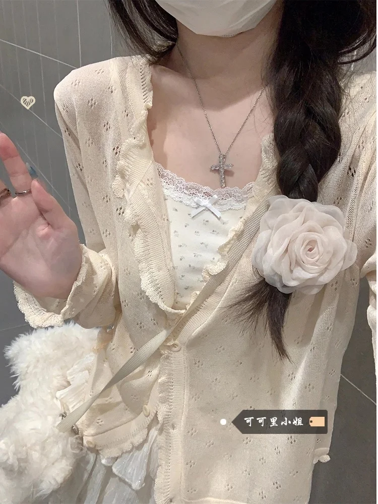 

Miss Cokery Thin Sun Protection Knitted Sweater Women's Spring Korean Sle Hollow Loose ort Long Sve Open Cardigan Top