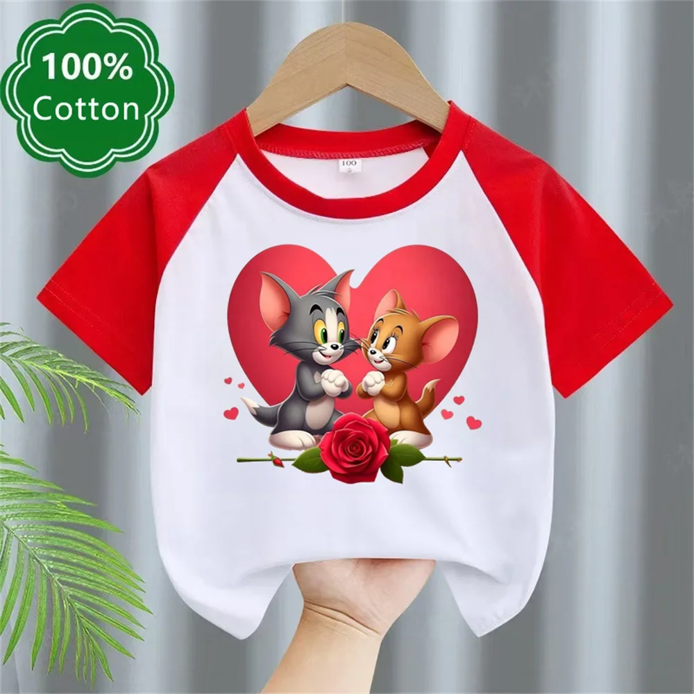 Sommer-T-Shirts mit Katzen- und Maus-Aufdruck für Jungen und Mädchen, Tom und Jerry bedruckte Kurzarm-T-Shirts, hochwertige Baby-Baumwoll-Tops, neu