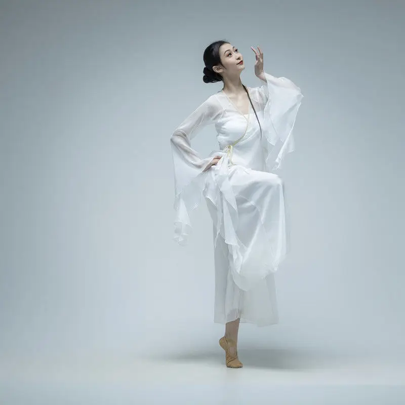 Klasyczna sukienka do tańca Ubrania z gazy Ćwicz chiński biały taniec ludowy Klasyczny kostium taneczny
