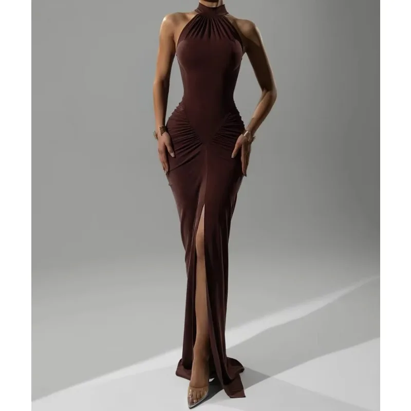 Ruched Sleeveless Sexy Maxi Dress Women Gown Fashion Slim High Waist Evening Club Party Split Long Dress