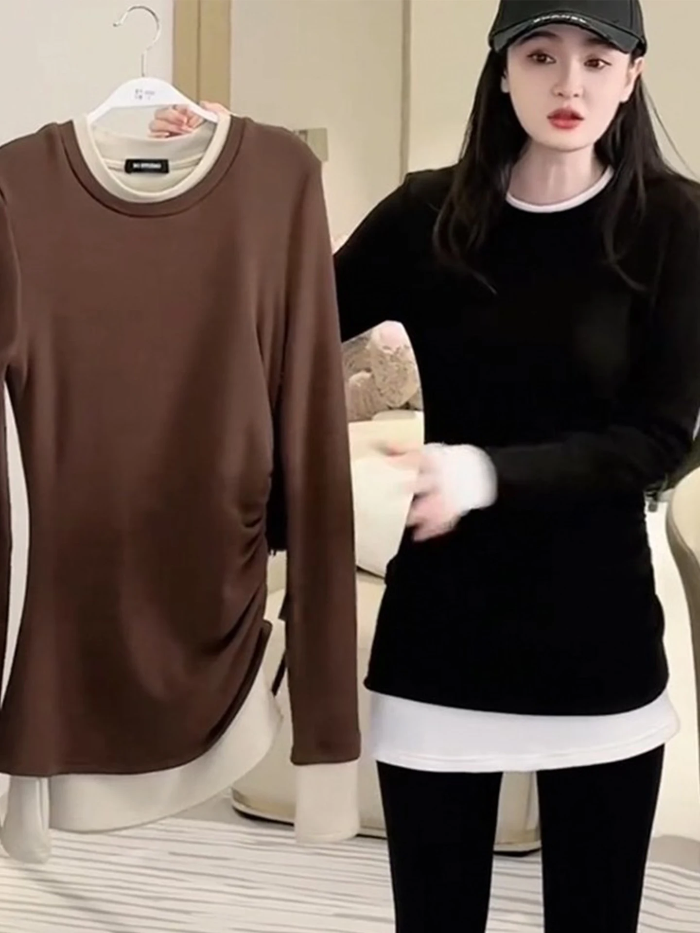 plus Size Women's Long Sleeve Fleece T-Shirt round Neck Mid-Length Butt Covering Casual Style Autumn High-End Feeling Top