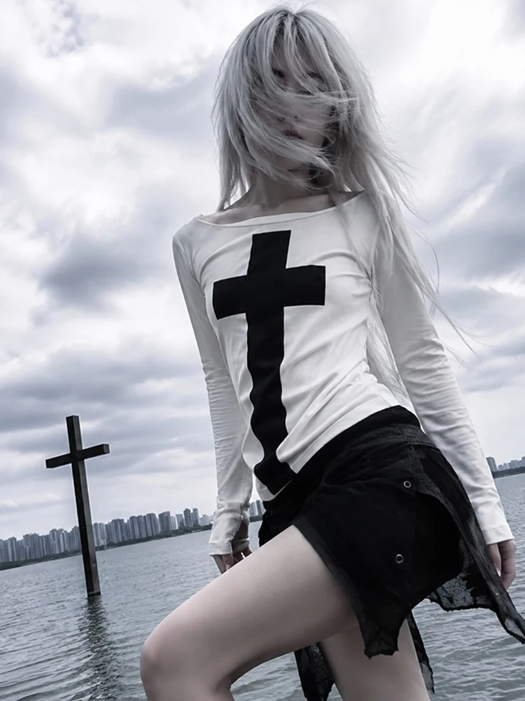Punk Girl Cross Pattern Long Sleeve Women's Clothing Gothic Punk Printed Long Sleeve Top Aesthetics Grunge Harajuku Long Sleeve