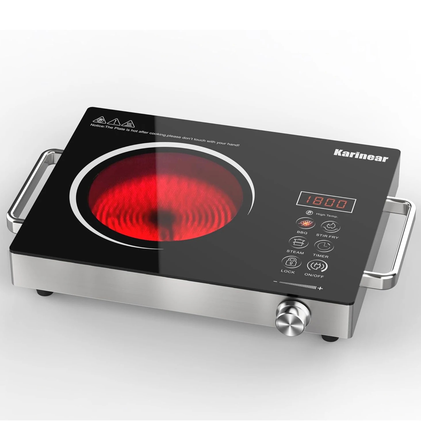 Karinear Ceramic hob 1 Zone Portable with Gummifüße, 650°C Max, 36CM, 220-240V Plug, Anti-scald Handle,2000W, Timer, Safety Lock