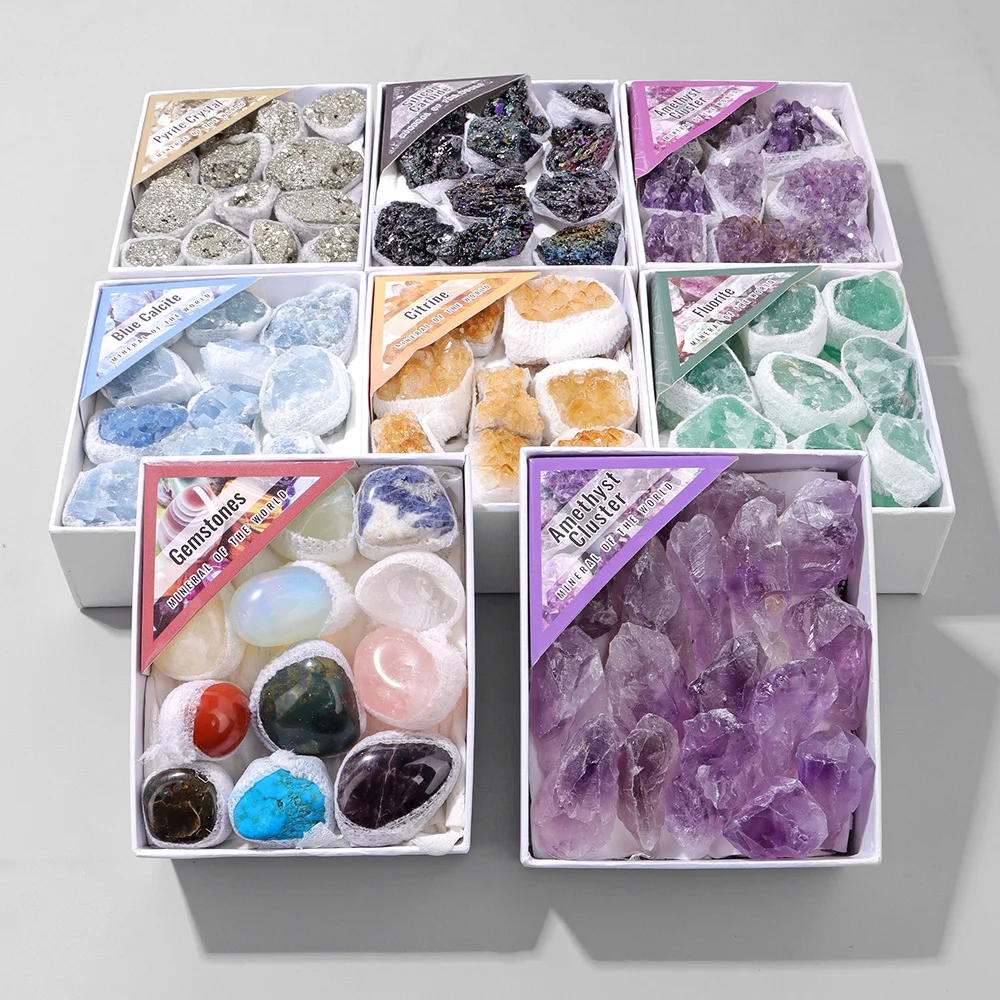 

1set Natural Stone Crystal Mineral Specimen Gift Box,Silicon Carbide,Pyrite,Quartz,Amethyst,Citrine,Calcite,Fluorite,Gift