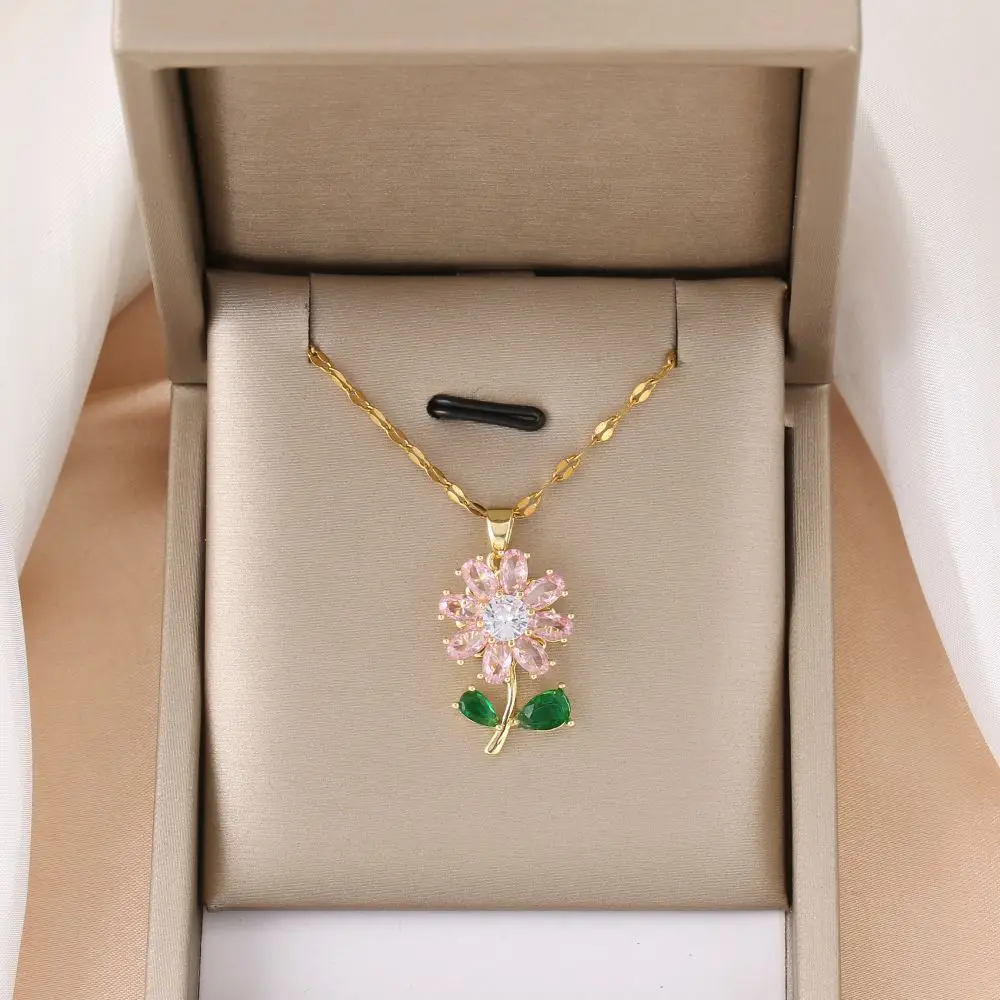 Fashionable and Sweet Style Zircon Decorated Green Leaf Pink Flower Pendant Necklace, Perfect Gift for Girls and Women