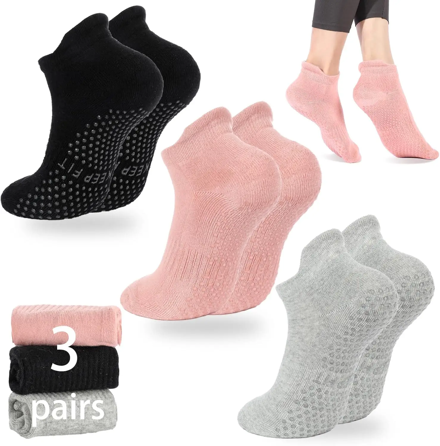 3 pairs of women's yoga socks, anti slip Pilates sports ballet socks