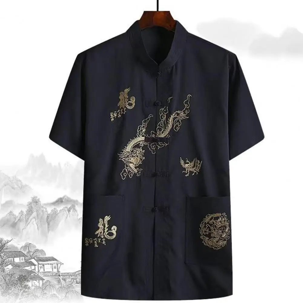 Chinese Style Shirt Men\'s Chinese Traditional Linen Tang Shirt with Hand Plate Buckle Design Comfortable Stylish for Oriental