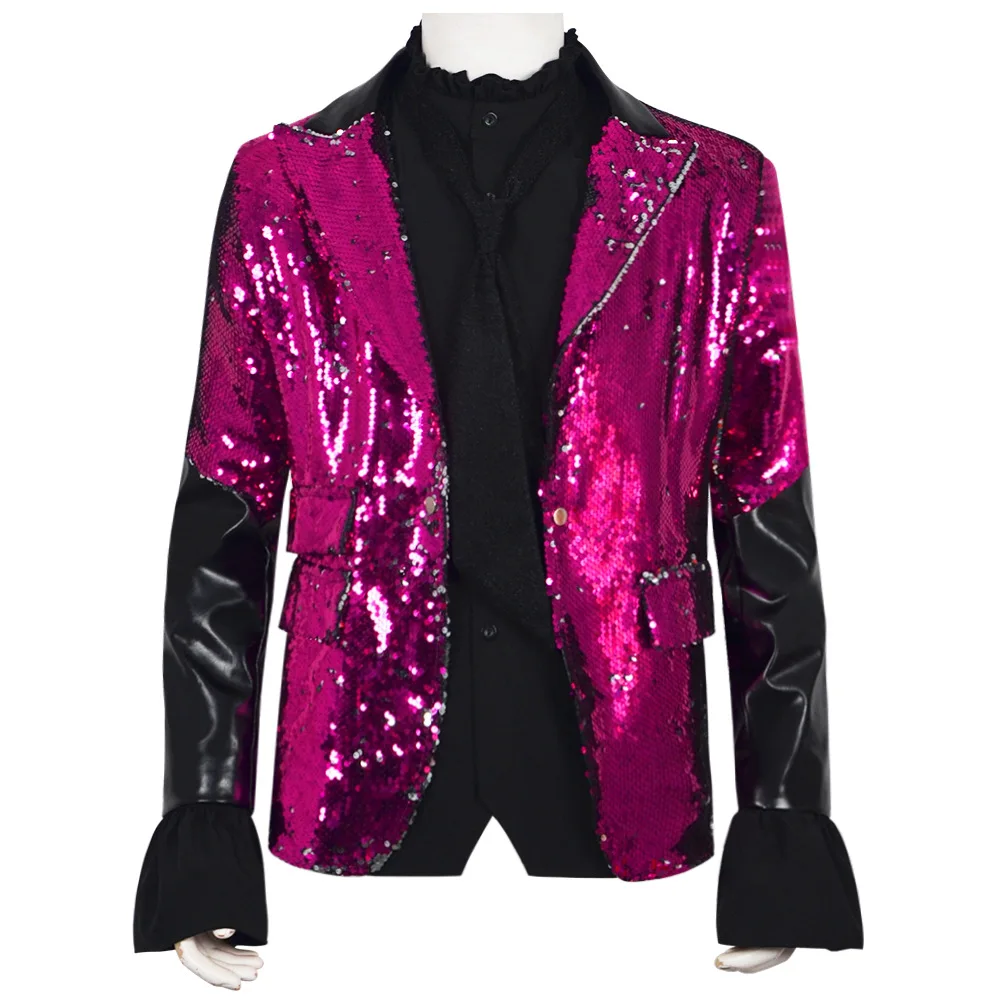 3pcs Adult Ghost Concert Red Blue Coat Men Shiny Sequin Jacket Shirt Tie Suit Halloween Carnival Party Stage Show Costumes