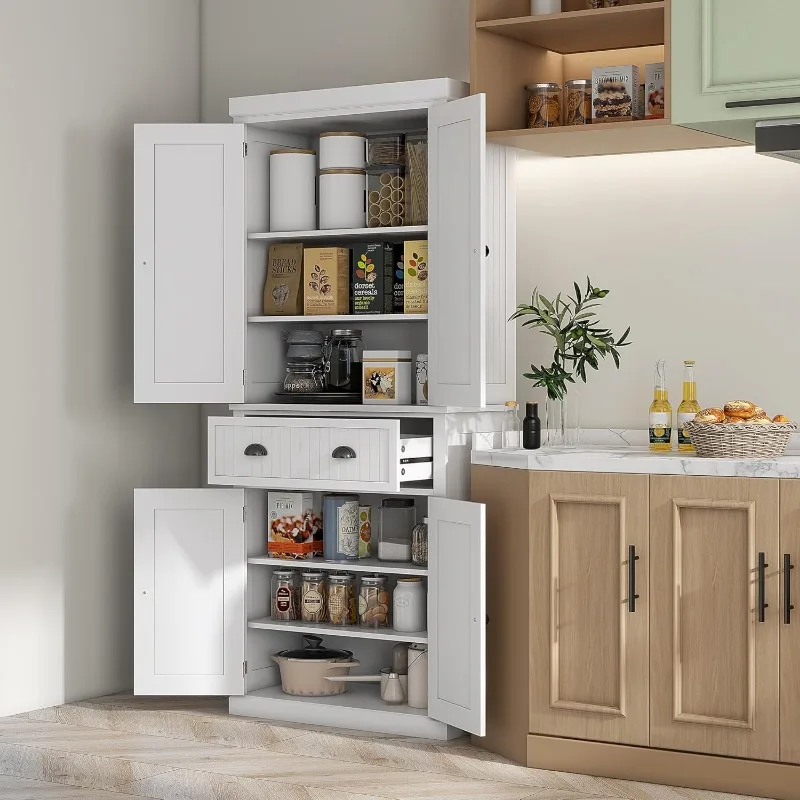 Kitchen Pantry Storage Cabinet, Traditional Freestanding Cupboard with 4 Doors and 3 Adjustable Shelves, Large Central Drawer