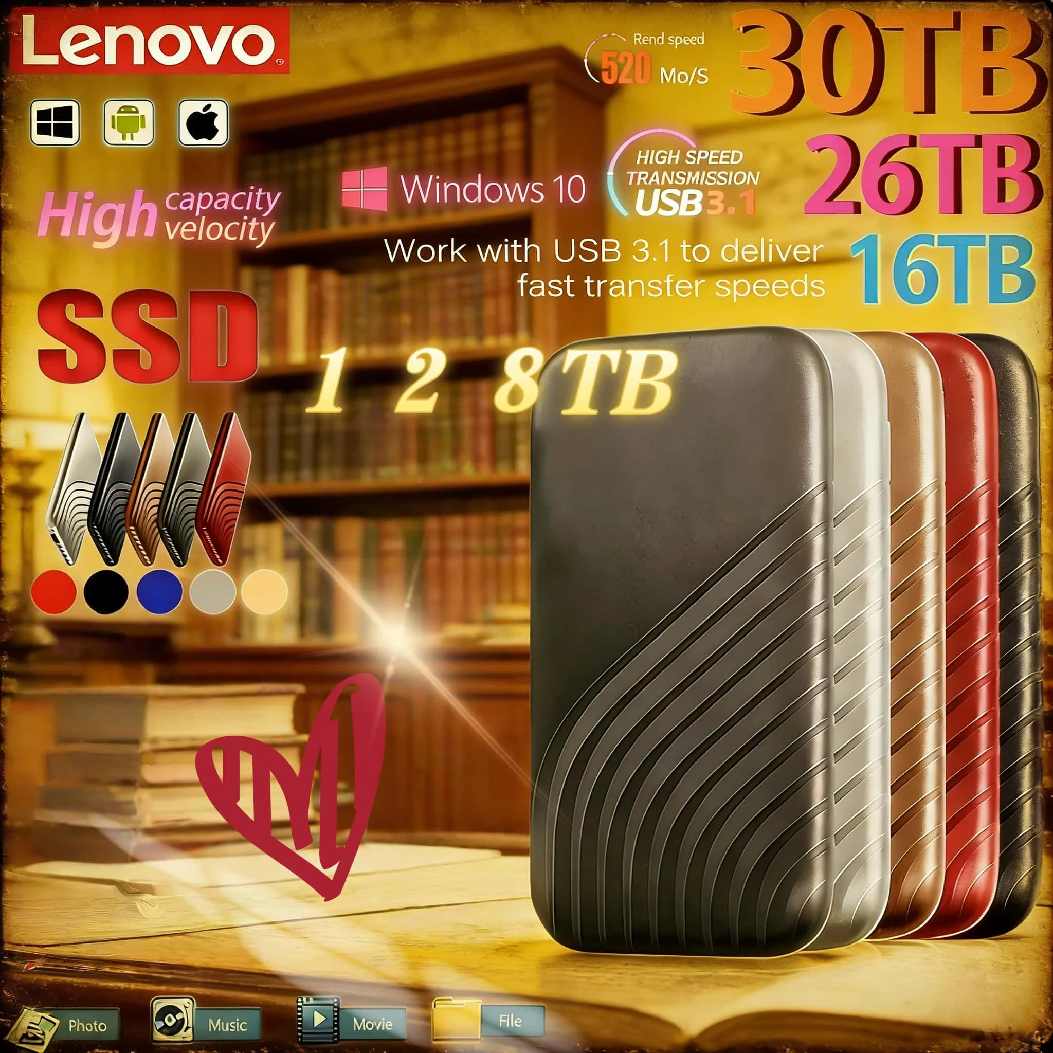 

Внешний твердотельный накопитель Lenovo 2 ТБ, 4 ТБ, 8 ТБ, высокоскоростной, USB3.1 Type-C, портативный, для ноутбуков, ПК и телефонов