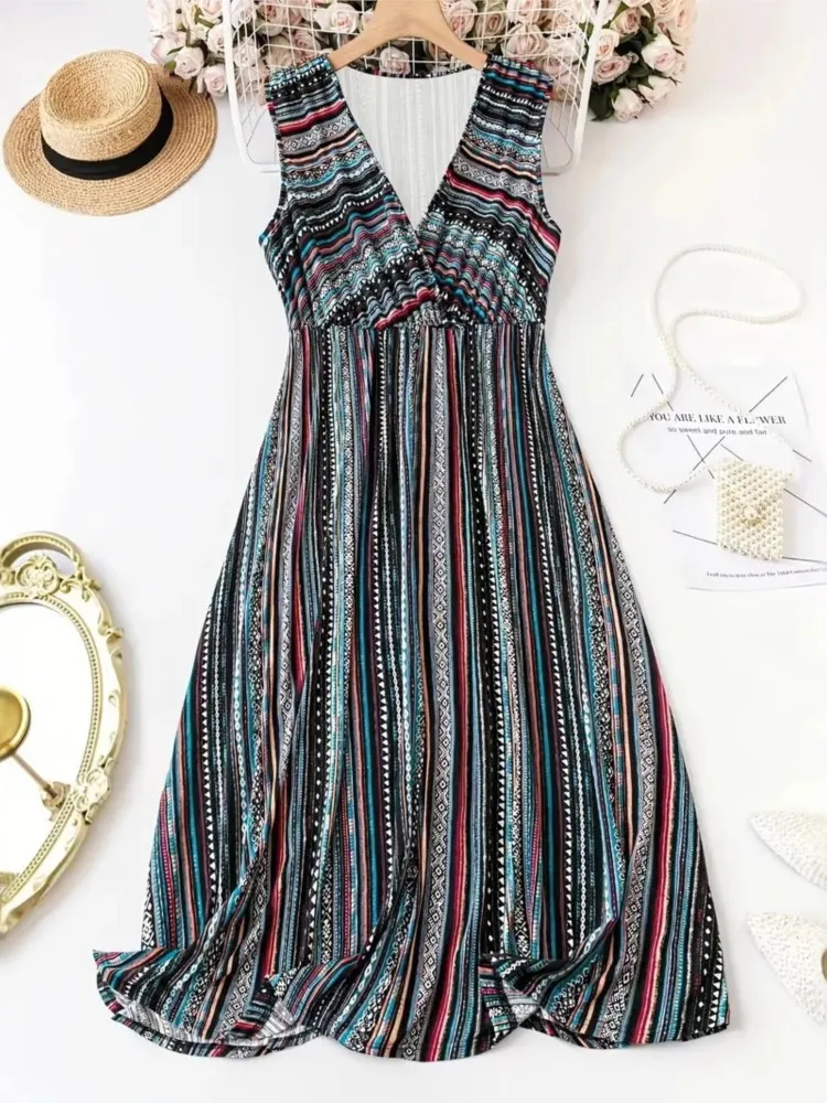 

Women's Summer New Long Dress Fashionable Painted Striped Print Sexy V-neck Sleeveless Casual Loose Long Dress