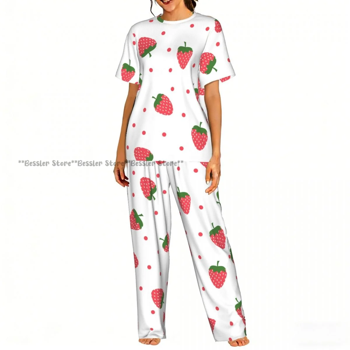 

Bright Strawberries And Dots Pajamas Set Short-sleeved Women Home Clothing