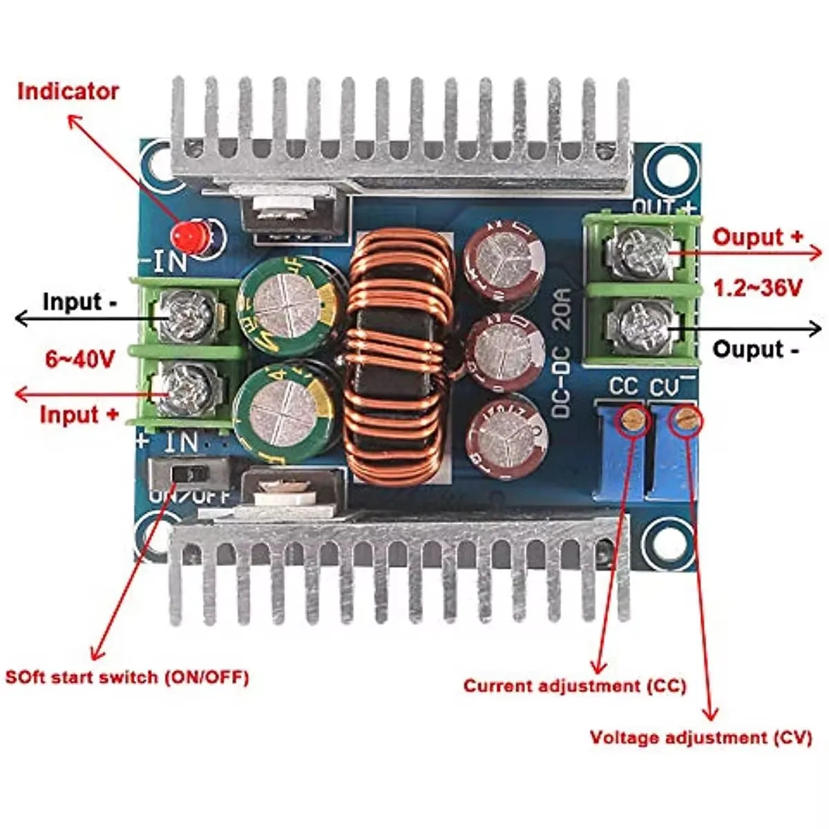 20A 300W CC CV Step Down Modul DC 6-40V bis 1,2-36V Spannungsregler Buck Converter Konstantstrom-Stromversorgungsmodul