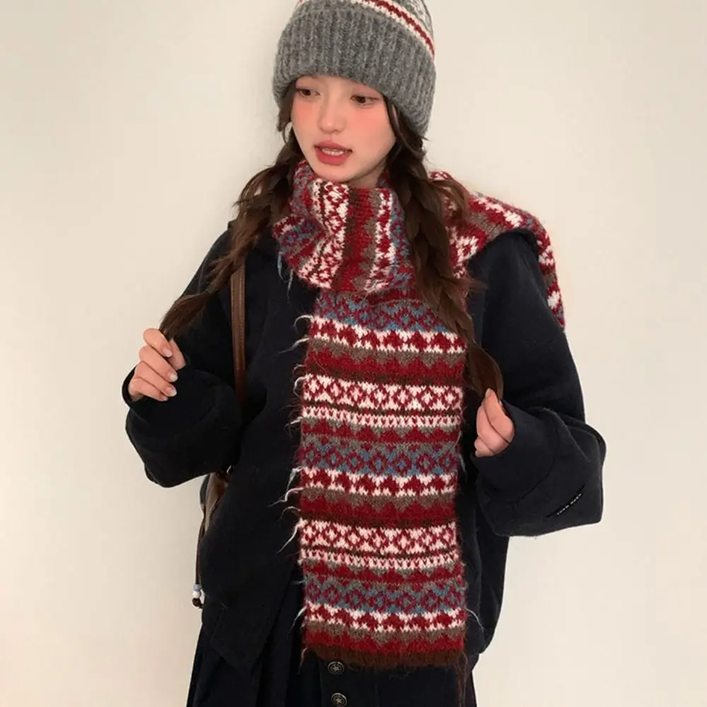 

Retro Warm Jacquard Knitted Scarf Printed Wool Fair Isle Style Scarf Vintage Cold Protection Winter Wool Neckerchief Girls