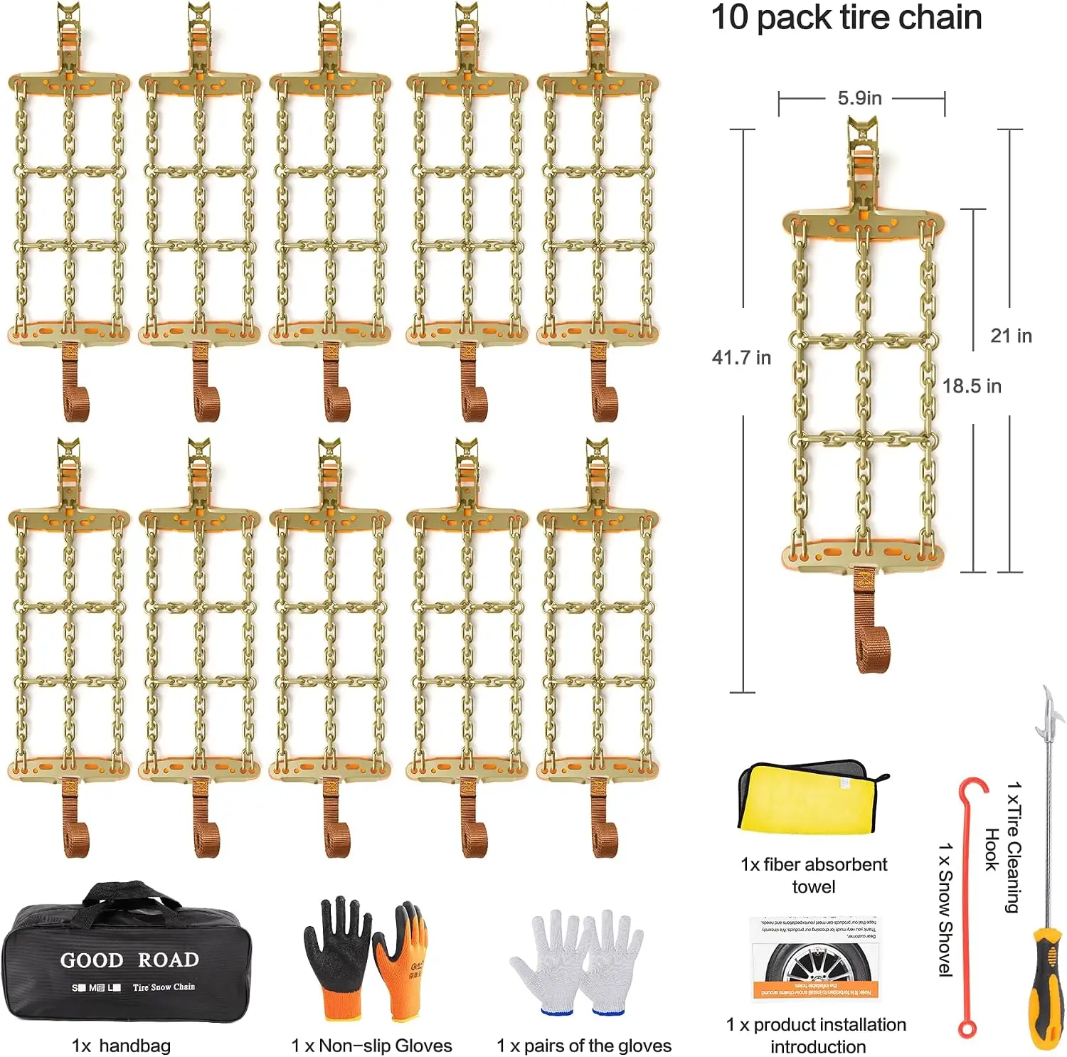 Emergency Snow Chains, Tire Chains with Thickened Manganese Steel for Car Truck SUV in Ice, Sand and Mud(8 Packs, Tire Width