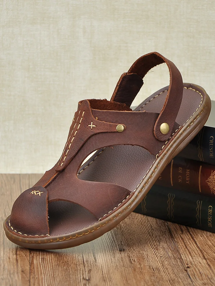 

Men's Slip-On Sandals Summer Outdoor Wear Anti-Slip Wear-Resistant Soft Bot Pure Cowhide Driving Two-Purpose Slippers