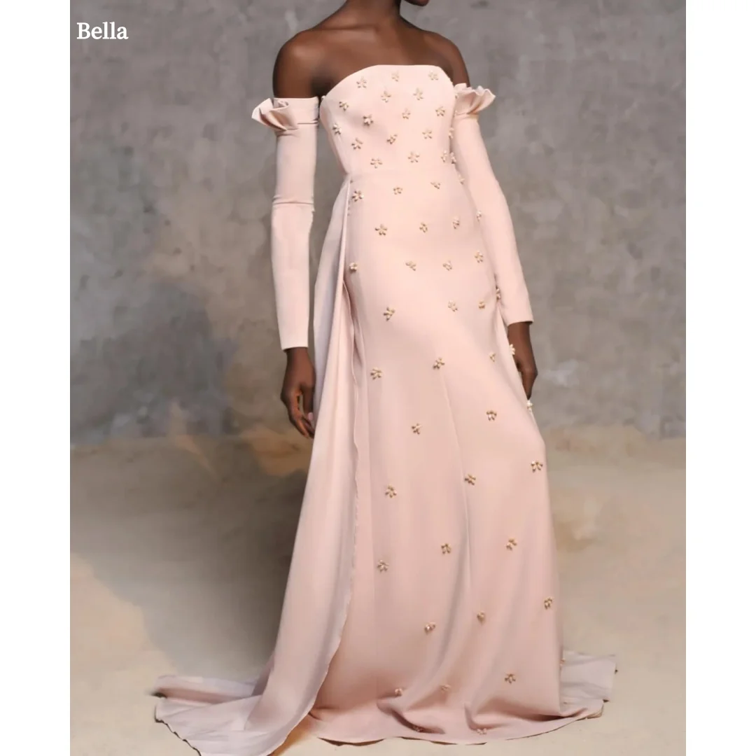 

Bella Customized Pink Beading Sleeves robes de soirée Strapless Backless Party Dresses A-line Floor-Length Trailing Prom Dress