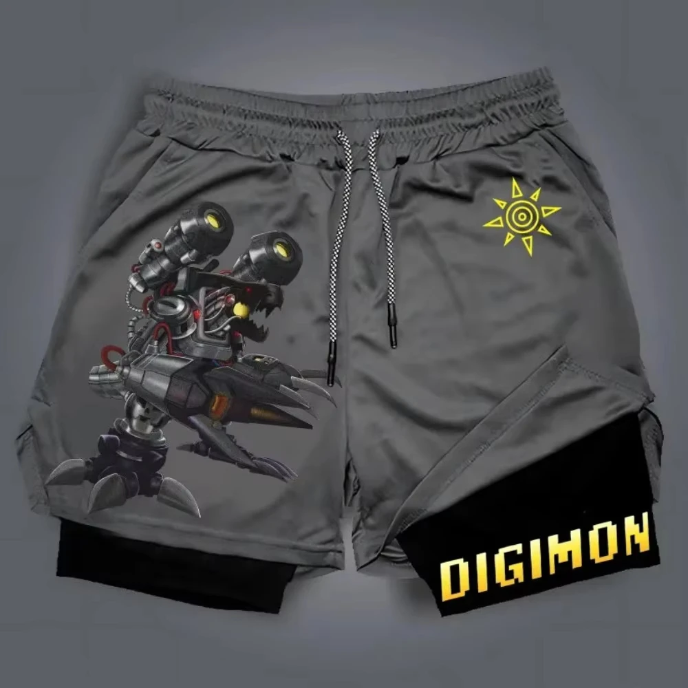 Męskie szorty dwuwarstwowe Digimon MetalSeadramon, japońskie anime, imitacja dwuczęściowego zestawu, letnie szorty fitness 2w1, nowa moda Y2k