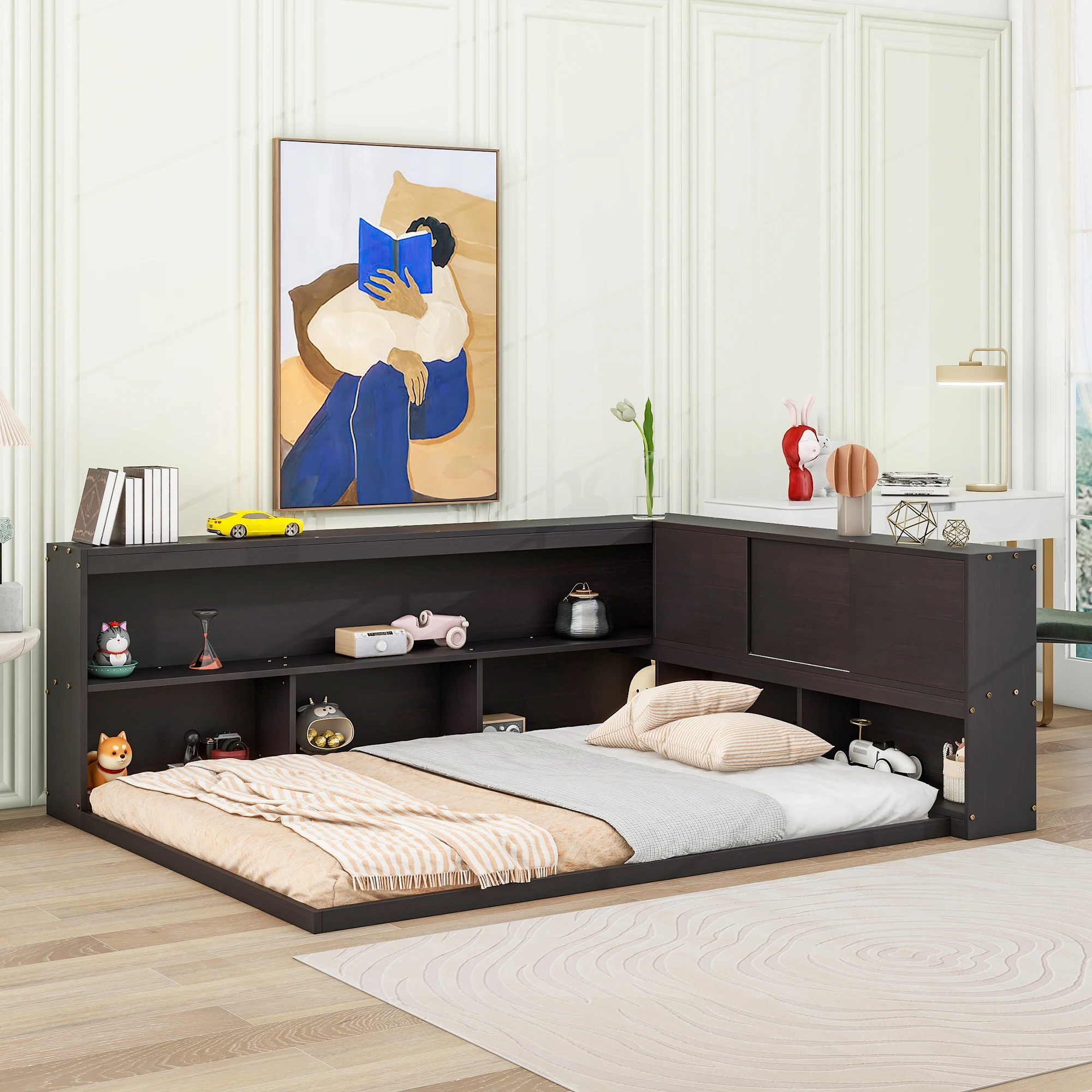 Full Floor Bed with L-shaped Bookcases, Sliding Doors, Espresso  84.70x65.60x29.50 in.