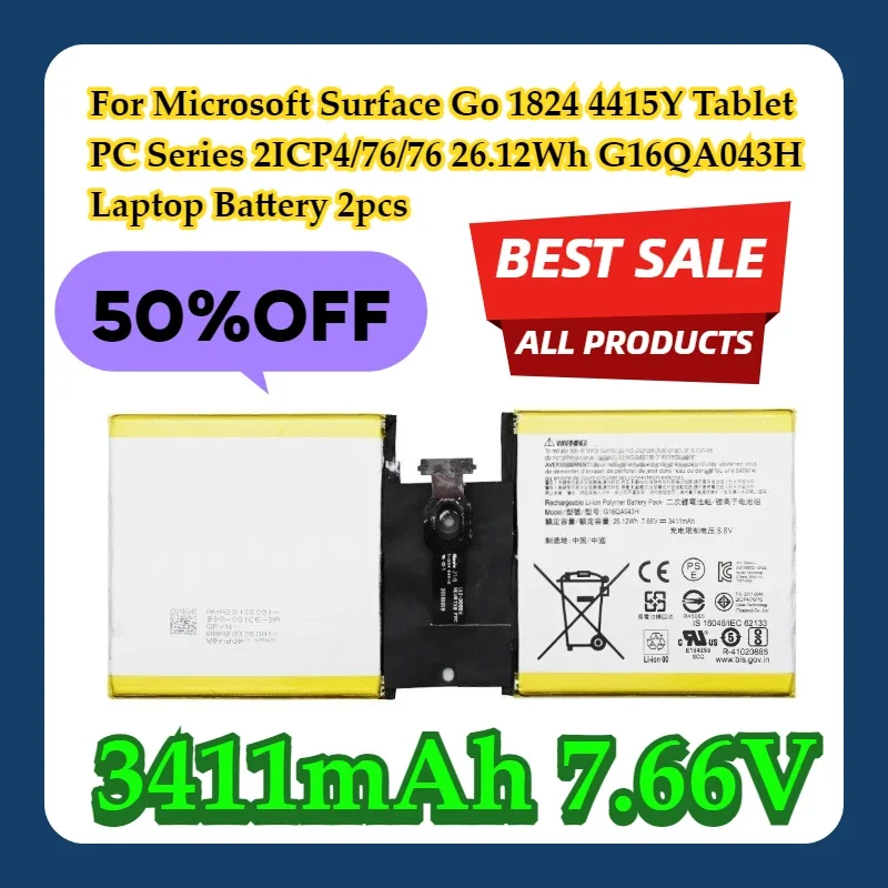 For Microsoft Surface Go 1824 4415Y Tablet PC Series 2ICP4/76/76 26.12Wh 3411mAh 7.66V G16QA043H Laptop Battery 2pcs