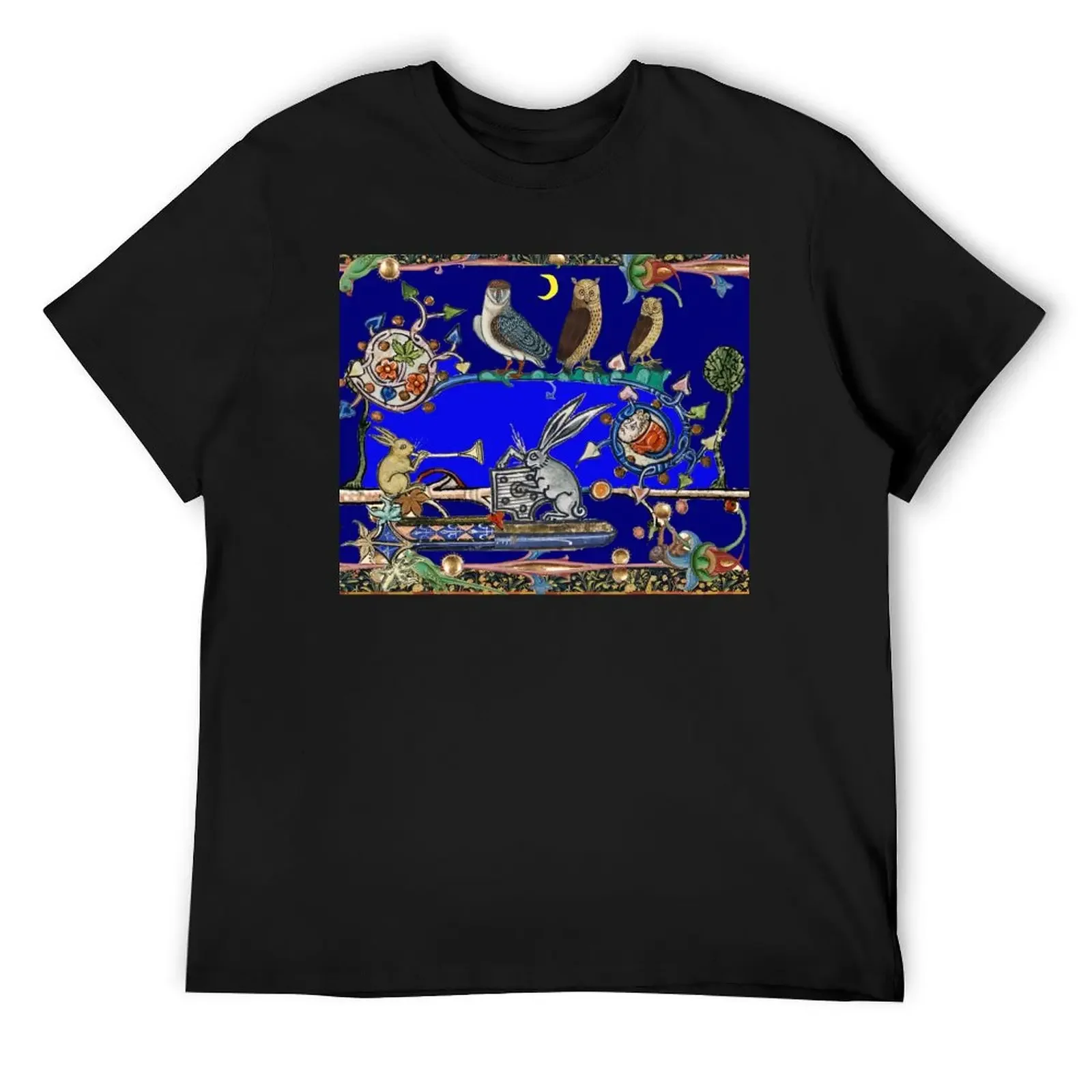 WEIRD MEDIEVAL BESTIARY MAKING MUSIC, Three Owls And Night Concert of Rabbits T-Shirt anime t shirts customs men clothings