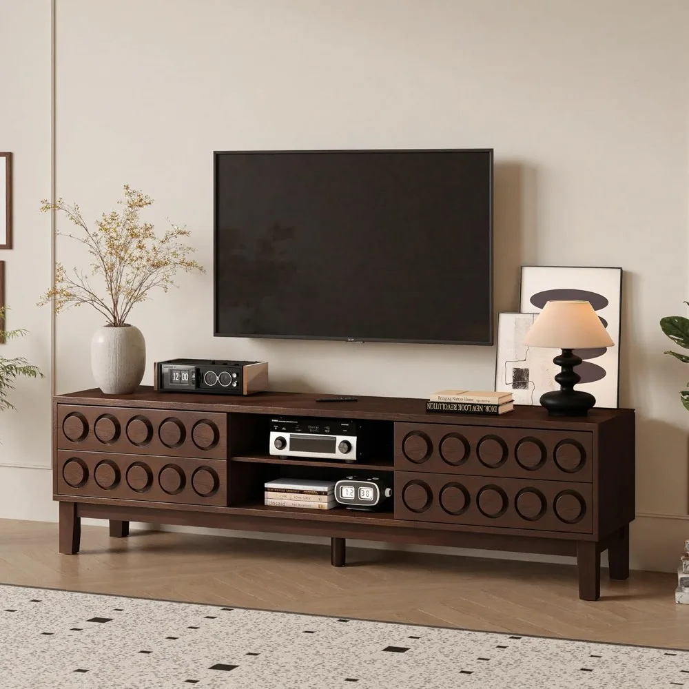 75-Inch TV Entertainment Center with Circular Design, 4 Drawers and Open Storage for Media Console
