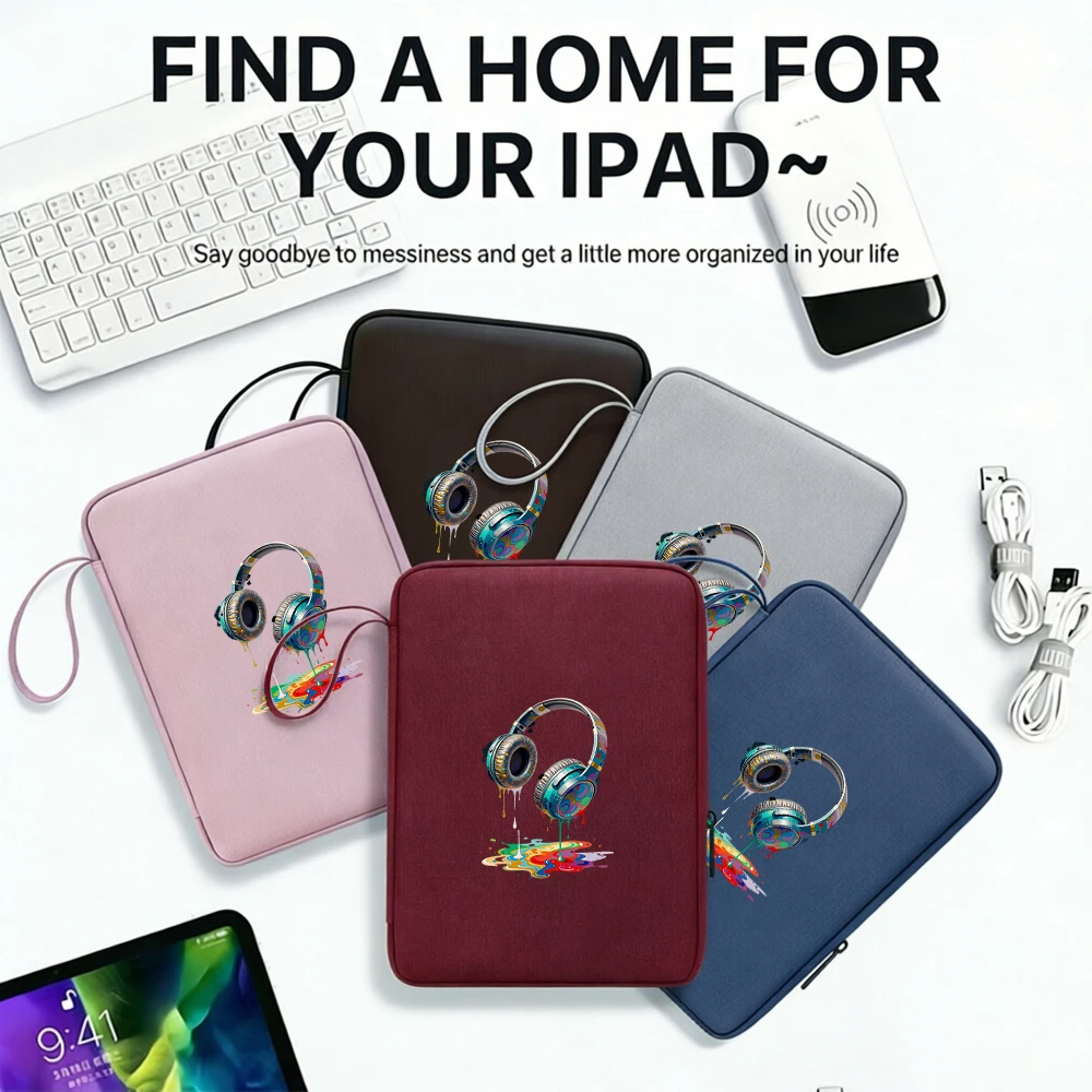 1PC Pink Splash Ink Headphone Print Tablet Sleeve, Multi-compartment with Pen Slot, Shockproof, Scratch & Water Resistant, Porta