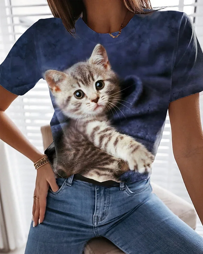 Fashionable women's T-shirt 3D cute cat print Harajuku T-shirt short sleeved casual Kawaii girls' T-shirt oversized unisex cloth