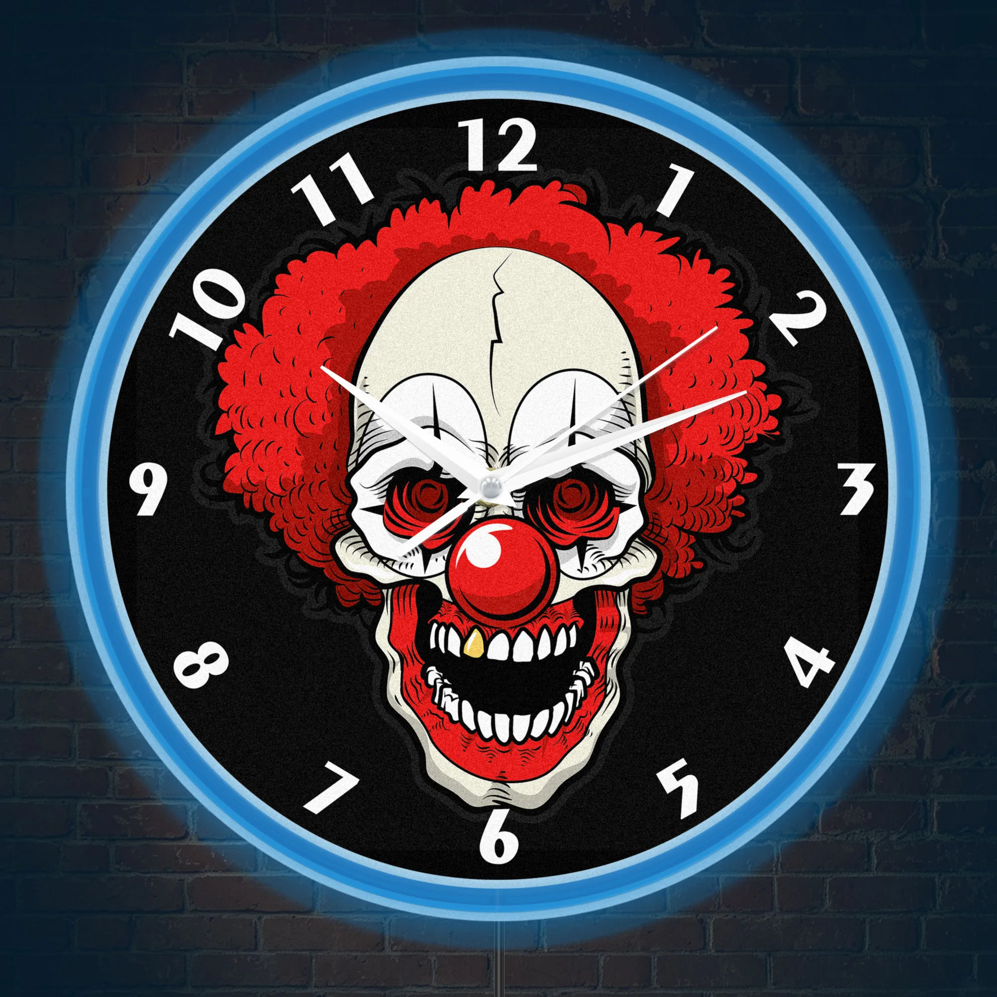 Creepy Clown Skull LED Neon Lighting Wall Clock for Man Cave Game Room Halloween Horror Art Soft Neon Ambient Night Light Clock