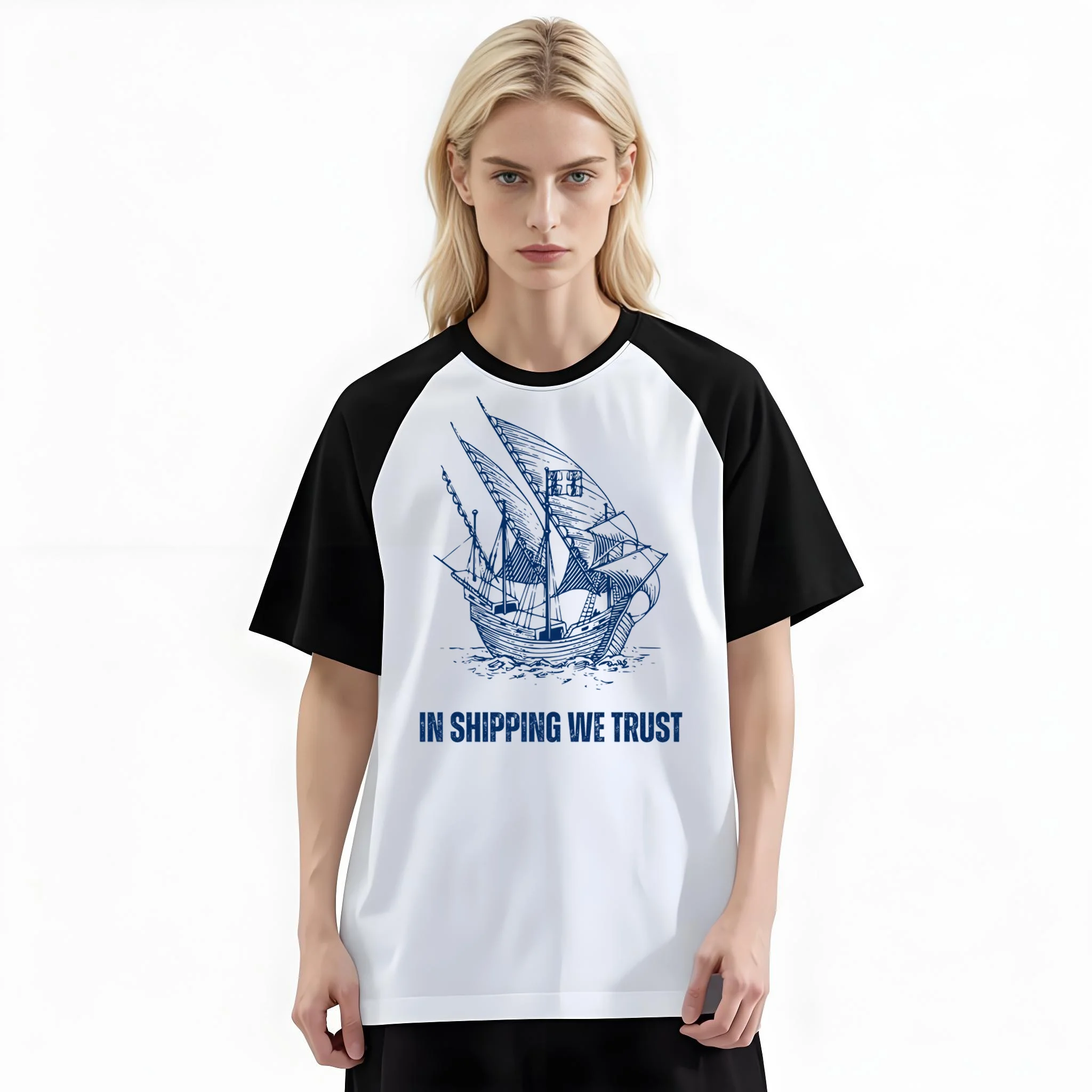 Women'S Fashion Raglan Sleeve T-Shirt, In Shipping We Trust Vintage Line Art Old Sailing Ship Printed, Summer Casual Comfortable Tee, Women'S Everyday Short-Sleeve Top
