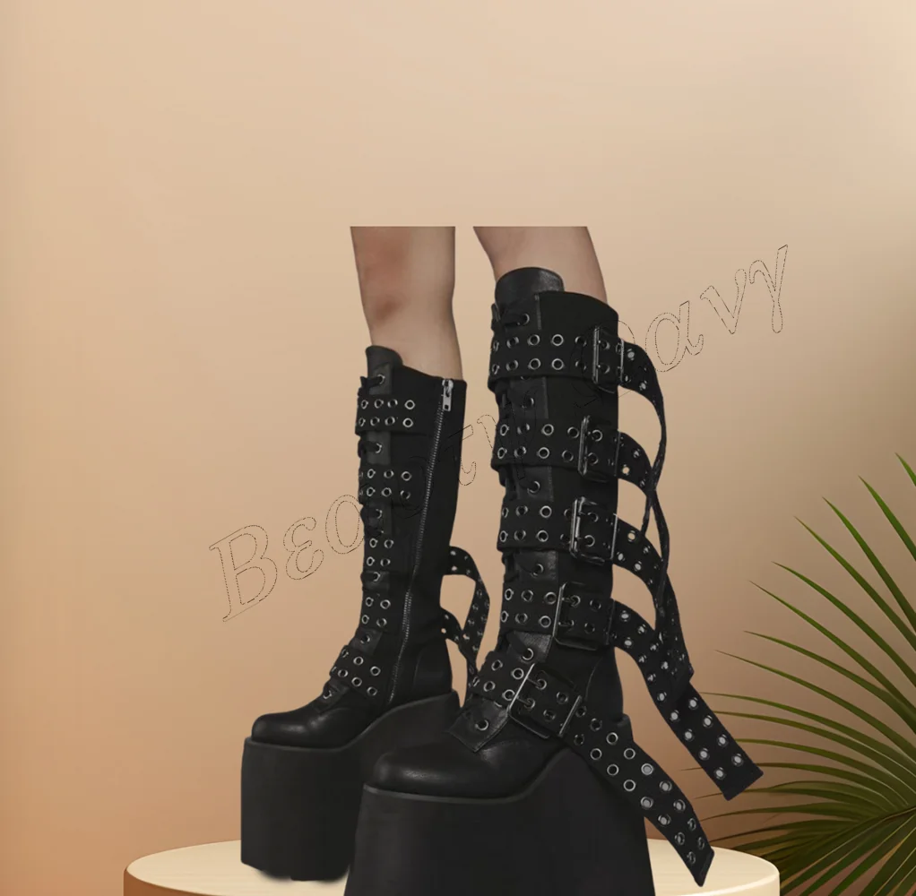 Black Multi Belt Decor Punk Boots Platform Strange Style Shoes Chunky High Heel Shoes for Women Shoes 2024 Zapatos Para Mujere