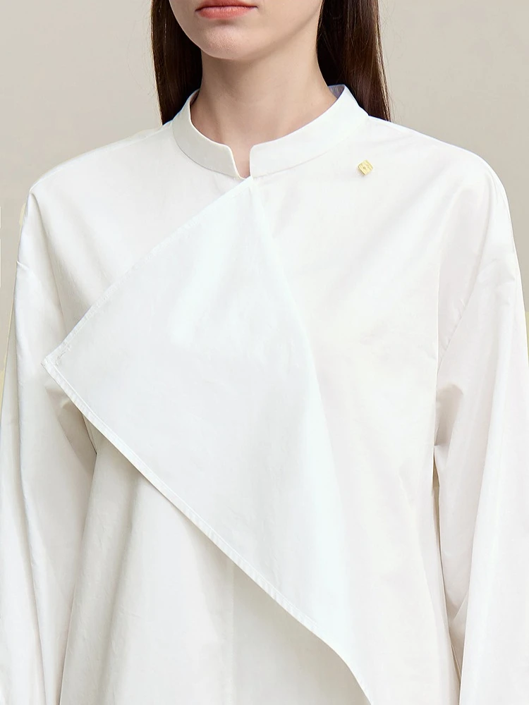 Amii レディースドレス 2026 春新作 スタンドアップネック コットンシャツドレス アシンメトリー ルーズ ドロップショルダー スリーブ 女性服 12641027