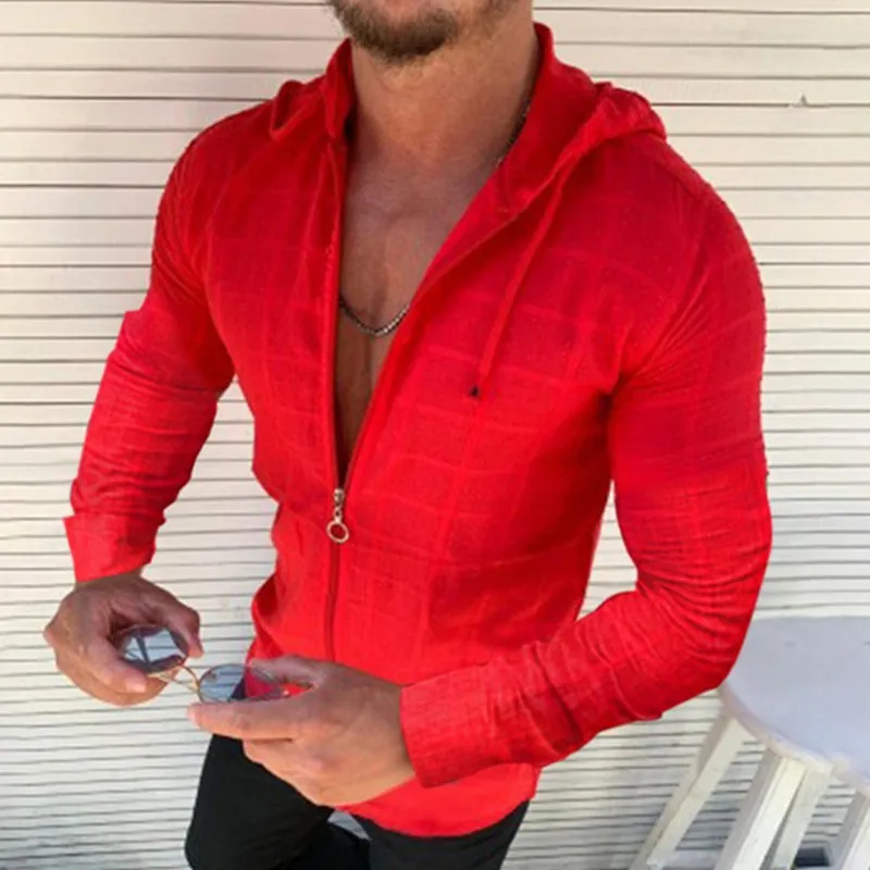 2024 Hot selling men's casual slim long-sleeved shirt with hooded zipper fashion checkered sports fitness breathable cardigan