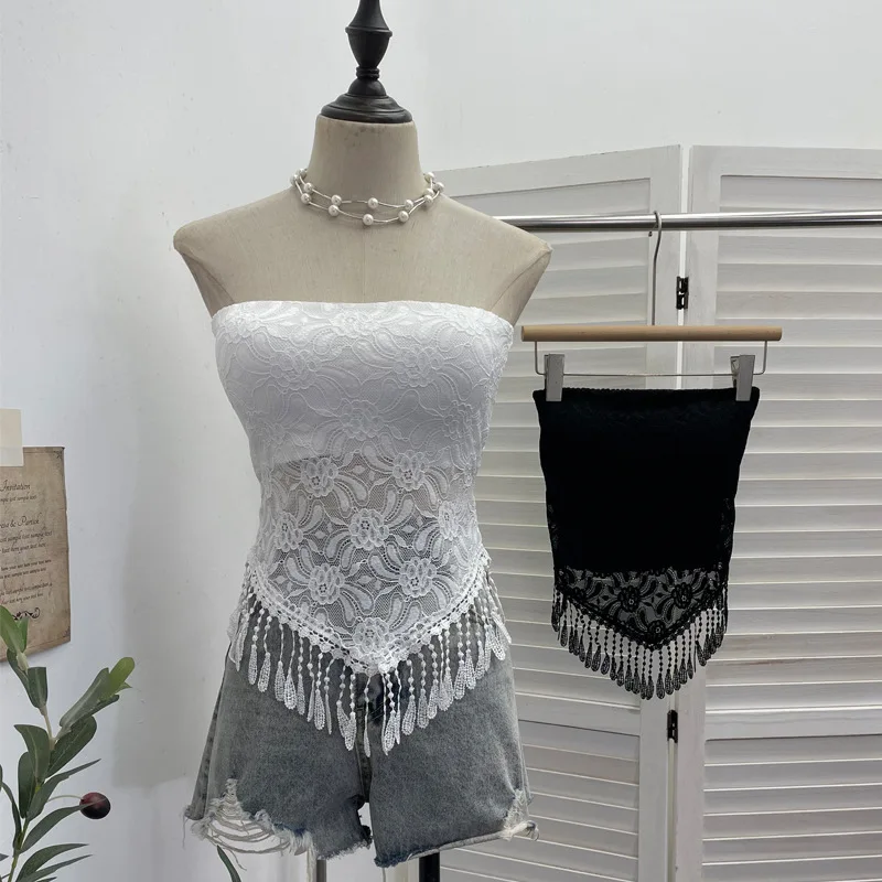 Strapless Bandeau Top With Built In Bra Anti Slip Silicone Strip Lace Wrap Front Fringe Trim Sleeveless Party Club Top1314