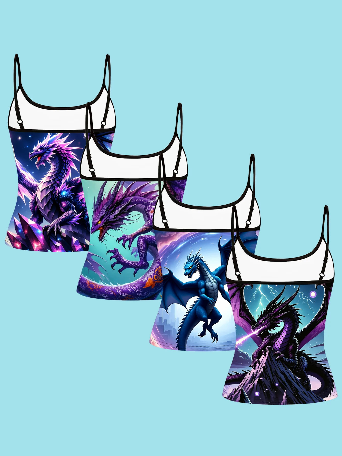 4-Piece Set of Women's Fantasy Dragon Print Camisoles, Magical Crystal Lightning Dragon Slim-Fit Spaghetti Strap Inner Tops