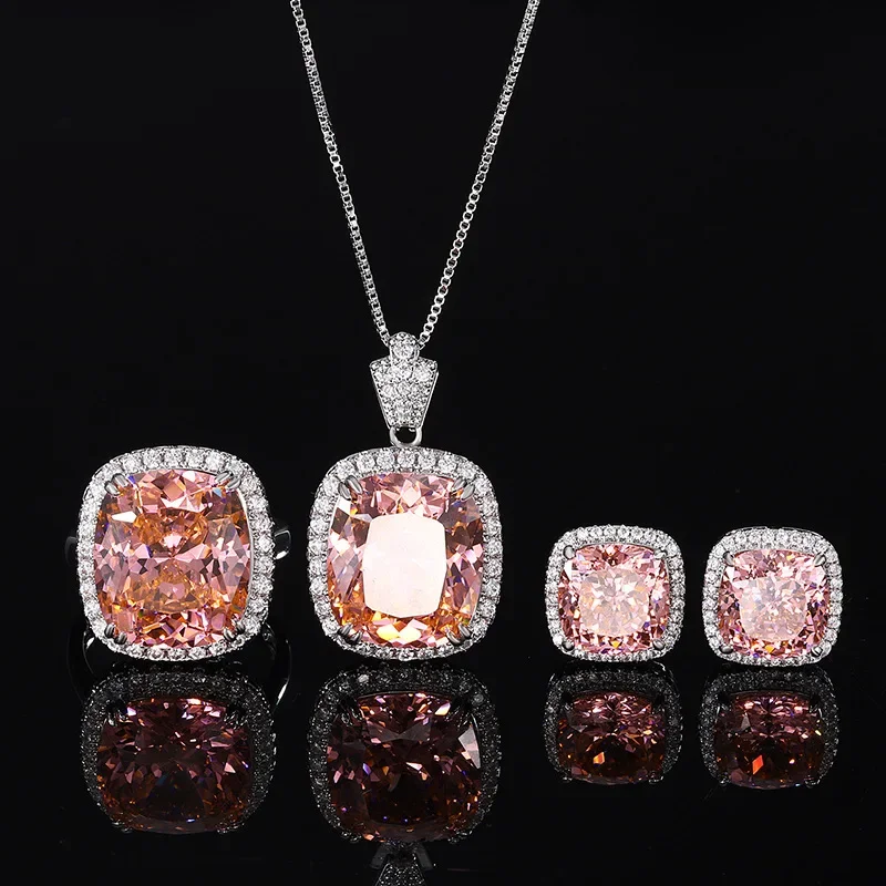 

New high-end jewelry plated 18K gold bird's nest cut padparadscha simple set 14*16-10*10 jewelry