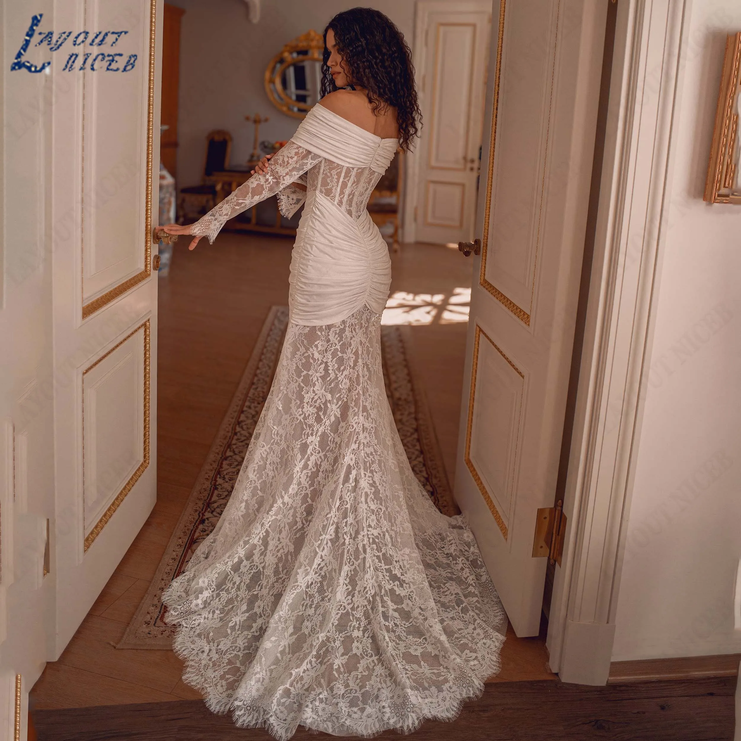 LAYOUT NICEB Lace Mermaid Bridal Gown Long Sleeve Satin Wedding Dress Off Shoulder Bride Gowns Customized Boat Neck Ruched
