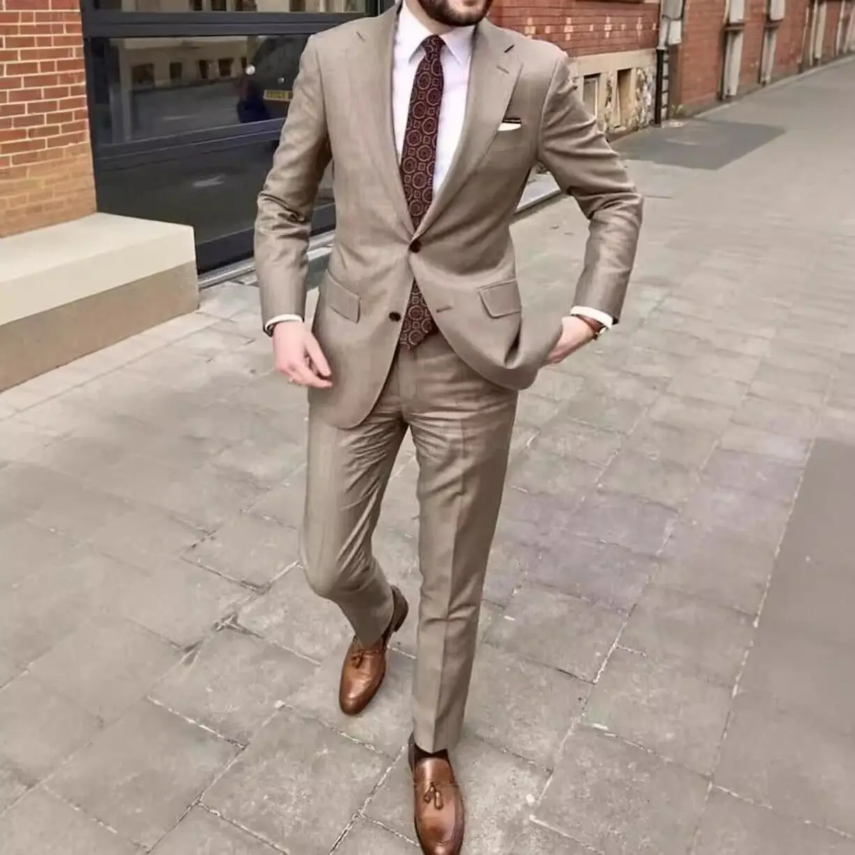 Men's Casual Solid Slim Fit 2-Piece Suit Notch Lapel Two Buttons Blazer Pants Set Wedding Groom Tuxedo Business Casual Suits Set