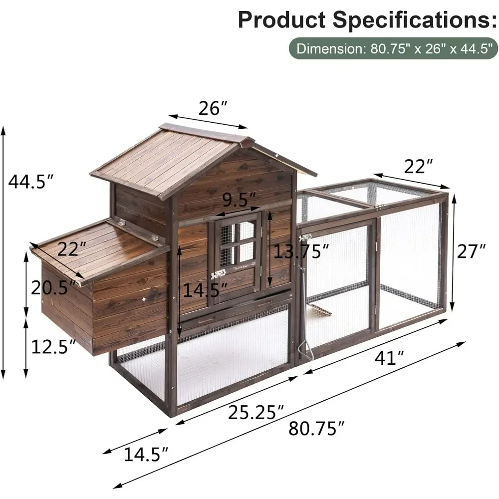 Chicken Coop 80'' Outdoor for Chickens Wooden Hen Fence Farm Equipment Chicken Cage With Nesting Box & Removable Tray Duck Pet