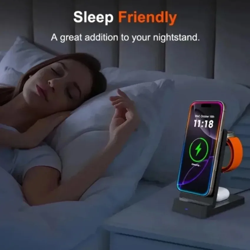 

15 Вт 3 в 1 Магнитное беспроводное зарядное устройство для настольного телефона Док-станция для быстрой зарядки для Magsafe iPhone 17-12 Airpods Pro2 Apple Watch 10/9/8/7