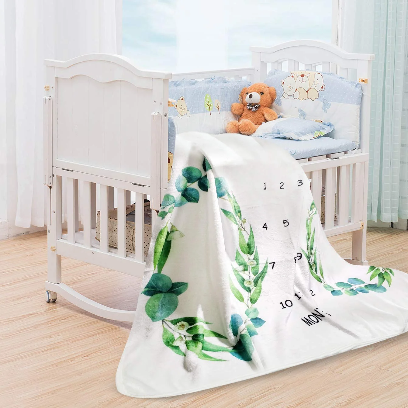 VIKAMA Twin Baby Milestone Blanket with Eucalyptus Leaf Wreath Print 12-Month Growth Record Photography Backdrop Blanket