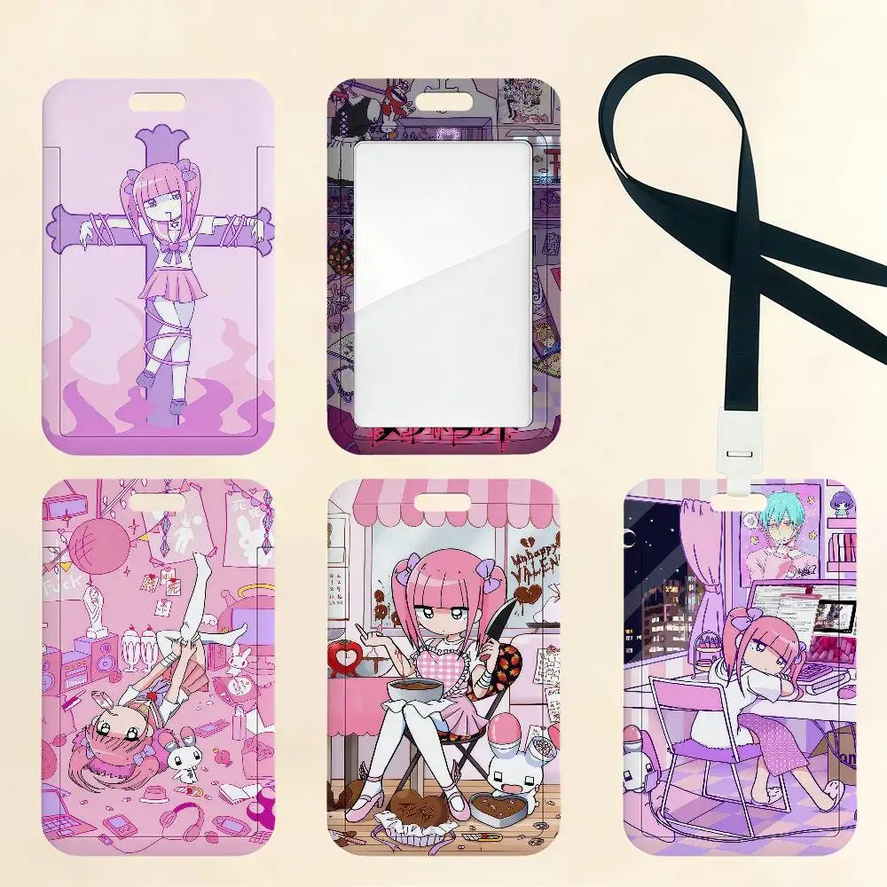 Anime M-Menhera Chan Kartenhalter Kartenetui Bus U-Bahn Arbeitsausweis Studenten-Lanyard Halsbänder Ausweishalter Türkartenhalter