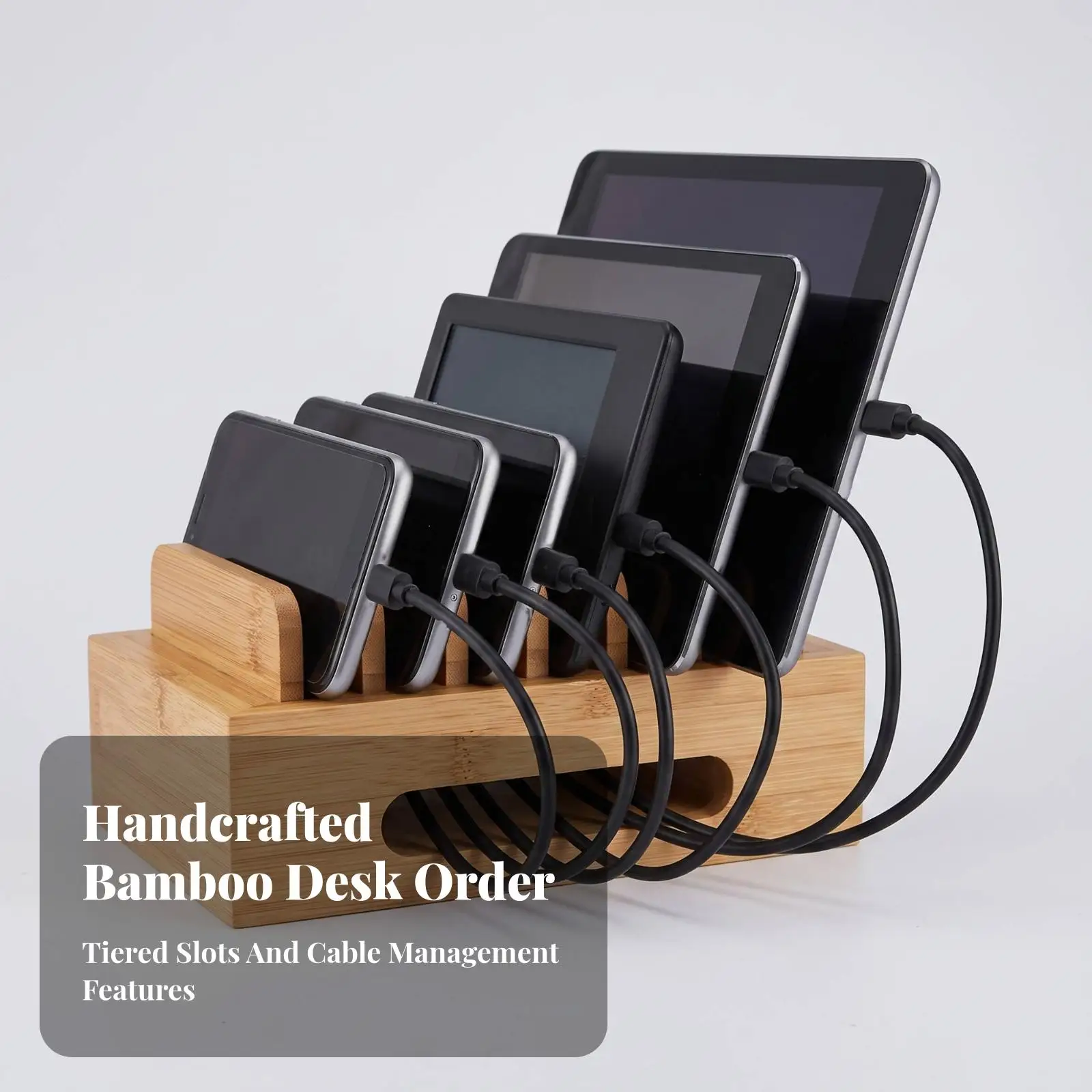 Multi Device Storage Rack Bamboo Wood Desk Organizer for Office Workstation with Cable Pass Through