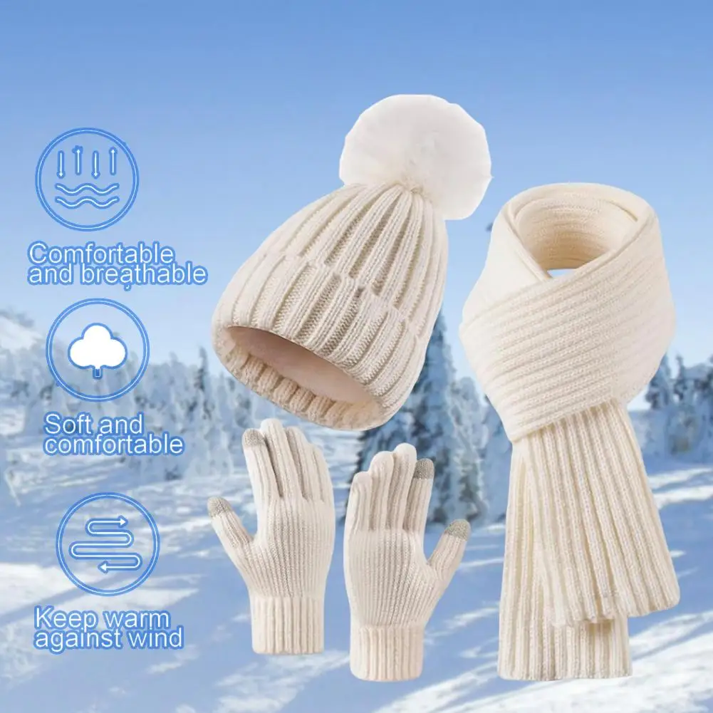 Thermal Lined Beanie Set Winter Beanie Scarf Gloves Set for Women Knitted Warm Cap with Friction Palm Gloves Elastic Ear